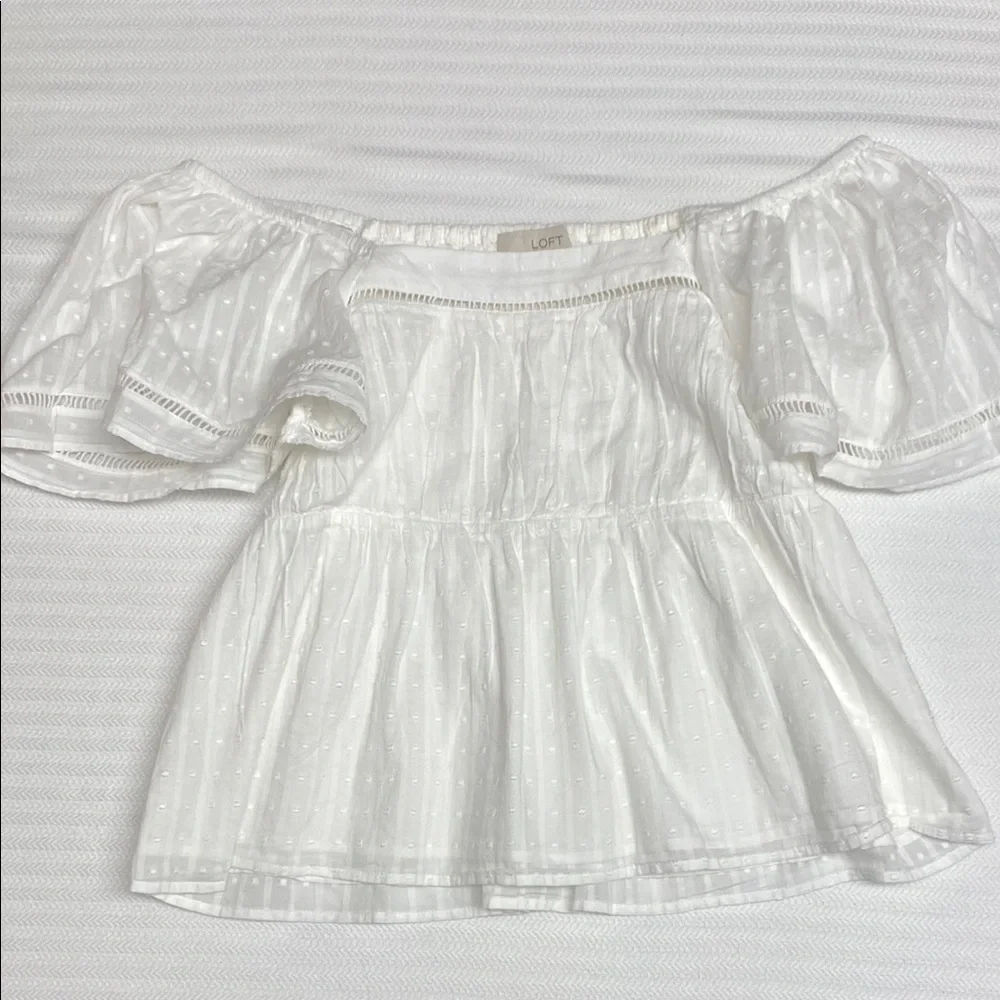 LOFT Blouse Ruffle Puff Sleeve Smocked Swiss Dot Romantic Milkmaid White Medium